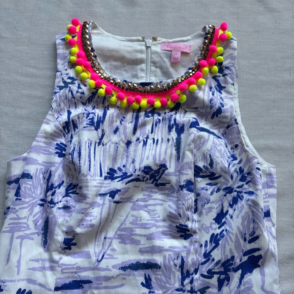 Sleeveless Blue & White Printed Shift Dress with Beaded Neckline - Picture 4 of 10